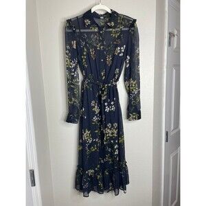 Tommy Hilfiger Floral Midi Dress Womens 6 Navy Sheer Long Sleeve Belted